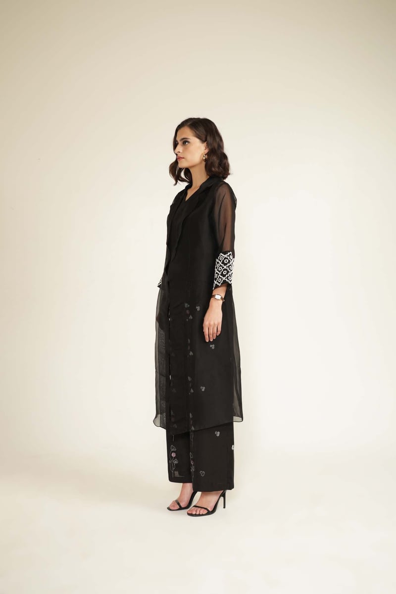 Black Organza Jacket, Top and Wide-Leg Pants Co-ord Set