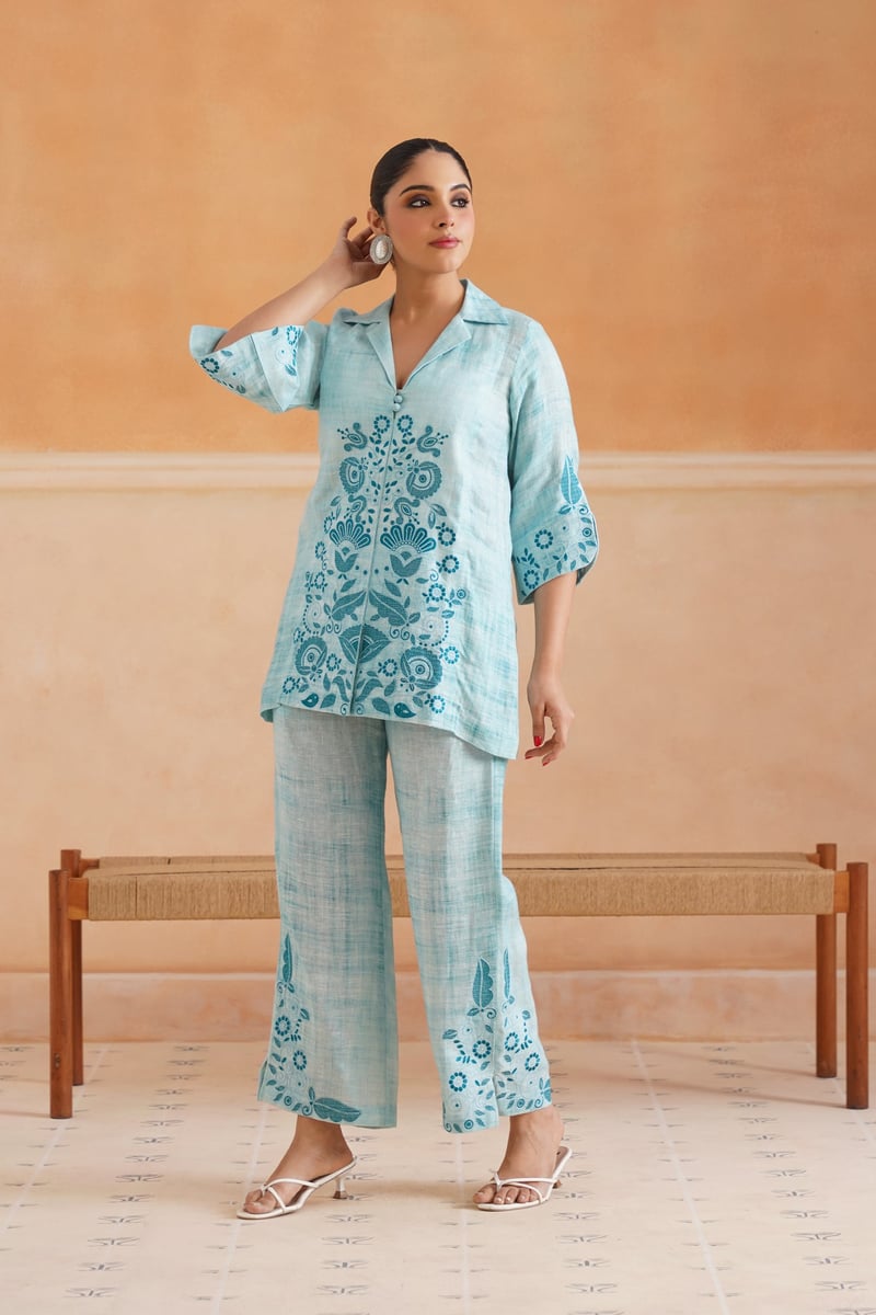 Aqua Blue Linen Embroidered Kurta Co-ord Set