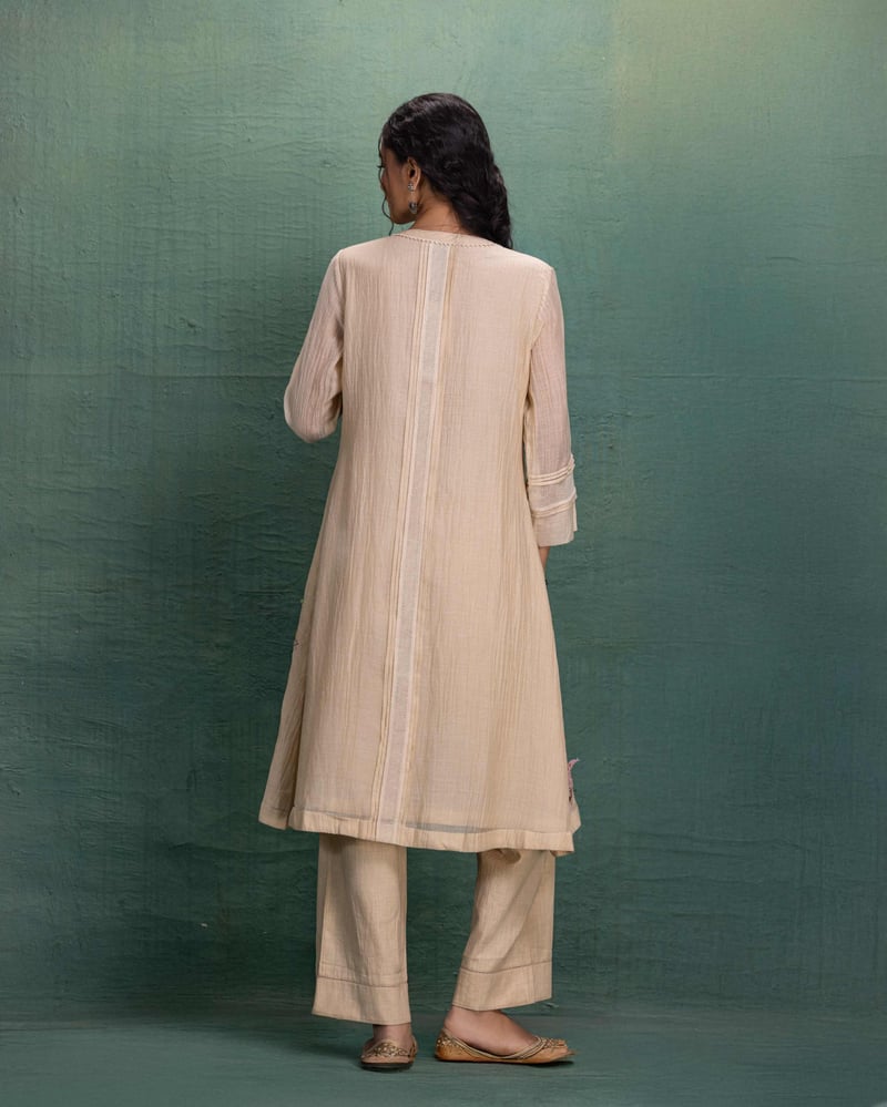 Cream Chanderi Embroidered Kurta and Pant Co-ord Set