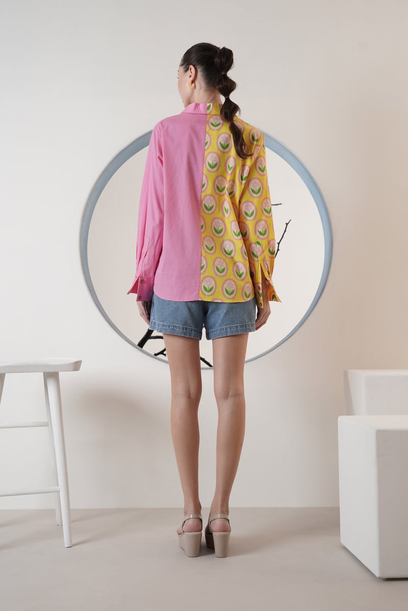 Yellow Pink Colorblock Floral Print Button-Down Shirt