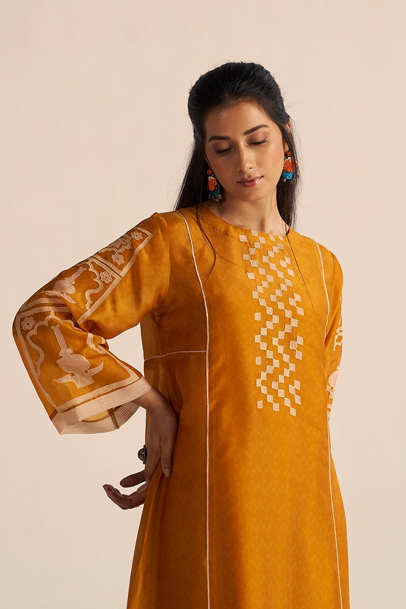 Nugget Yellow Silk Kurta and Wide-Leg Pants Co-ord Set