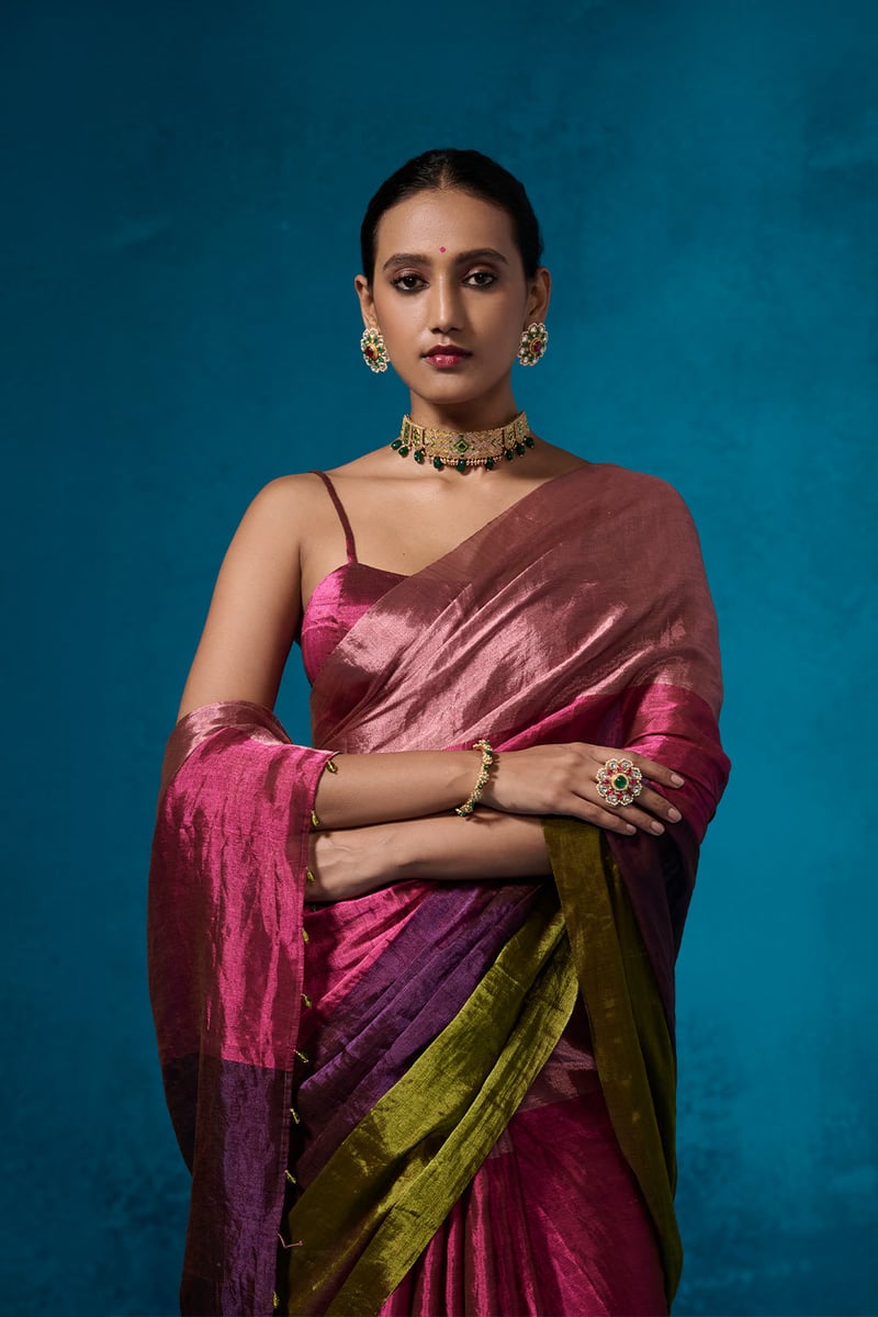 Multicolour Striped Metallic Tissue Saree
