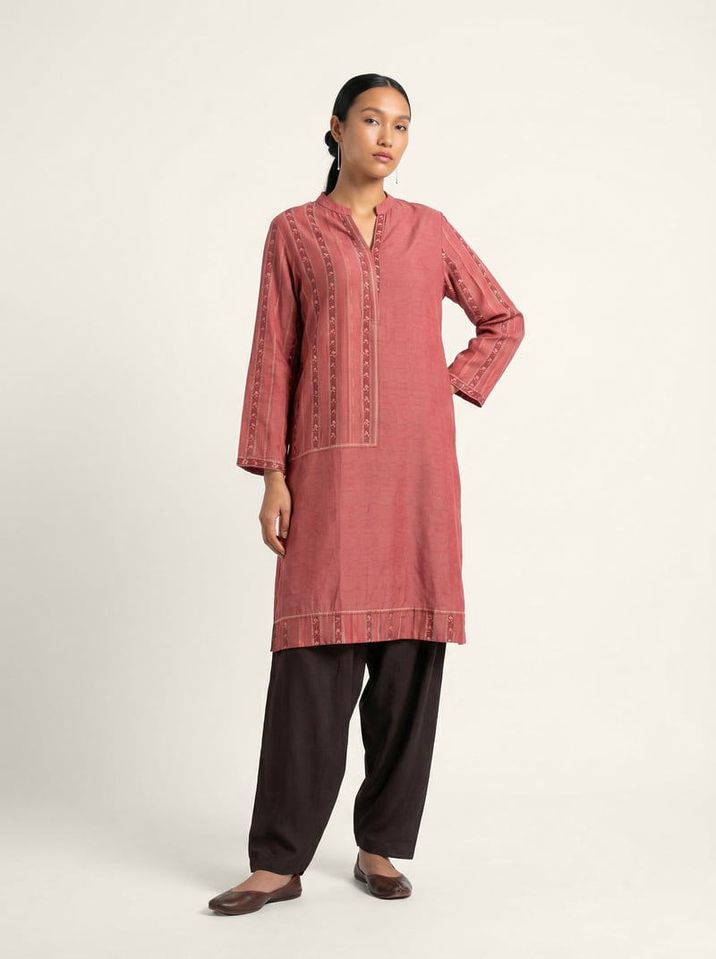 Pink Muslin Silk Striped Printed Long Tunic