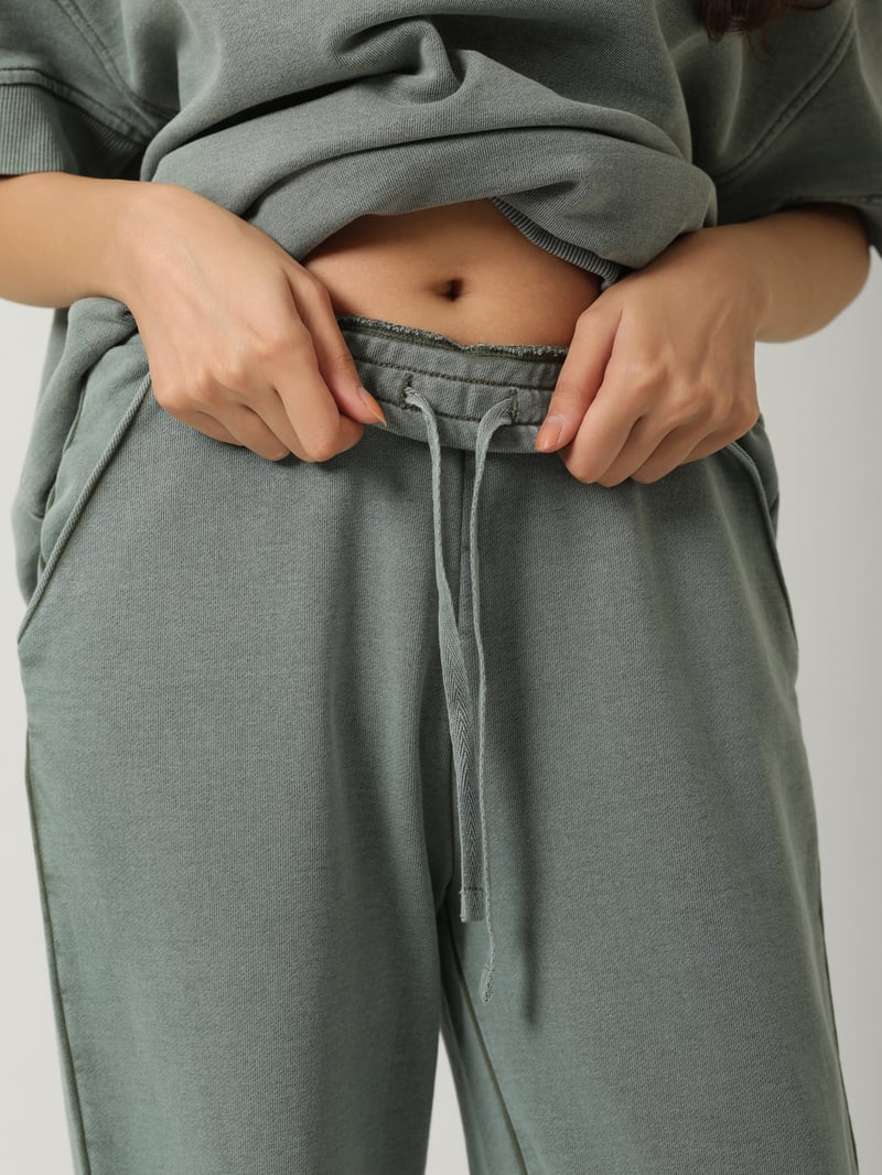 Green Cotton Terry Acid Wash Wide-Leg Trackpants