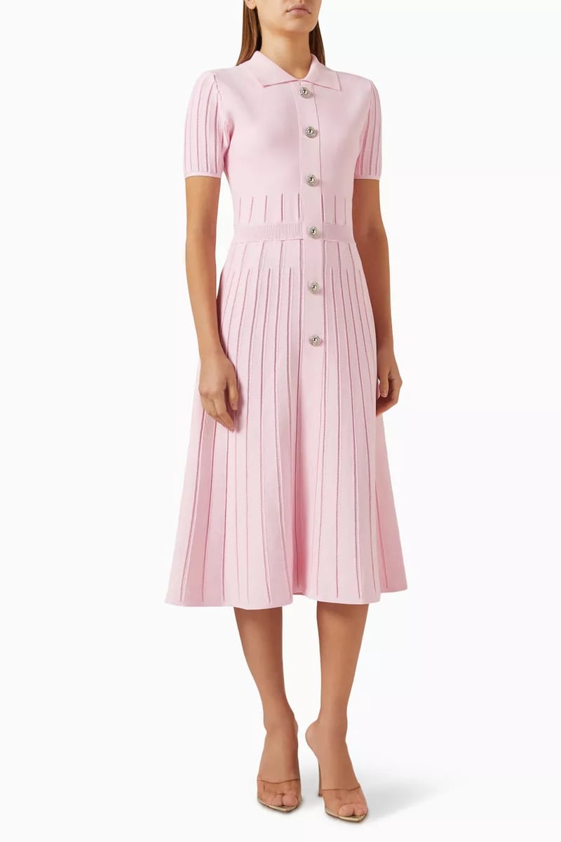 Pink Striped Knit Collared Midi Dress with Button Front — NOTEBOOK