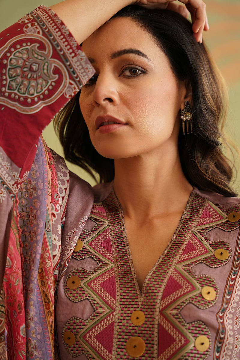 Multi Bemberg Crepe Printed Co-ord Set with Neck Embroidery