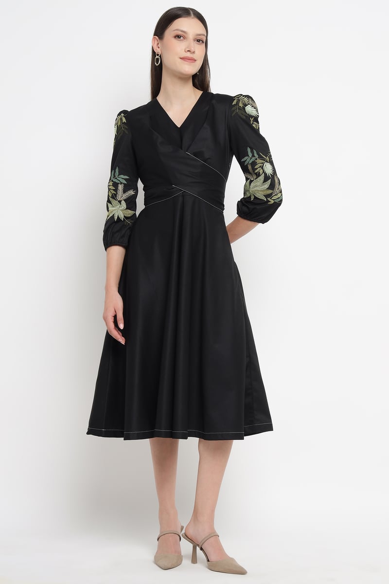 Black Fit and Flare Midi Dress with Embroidered Sleeves