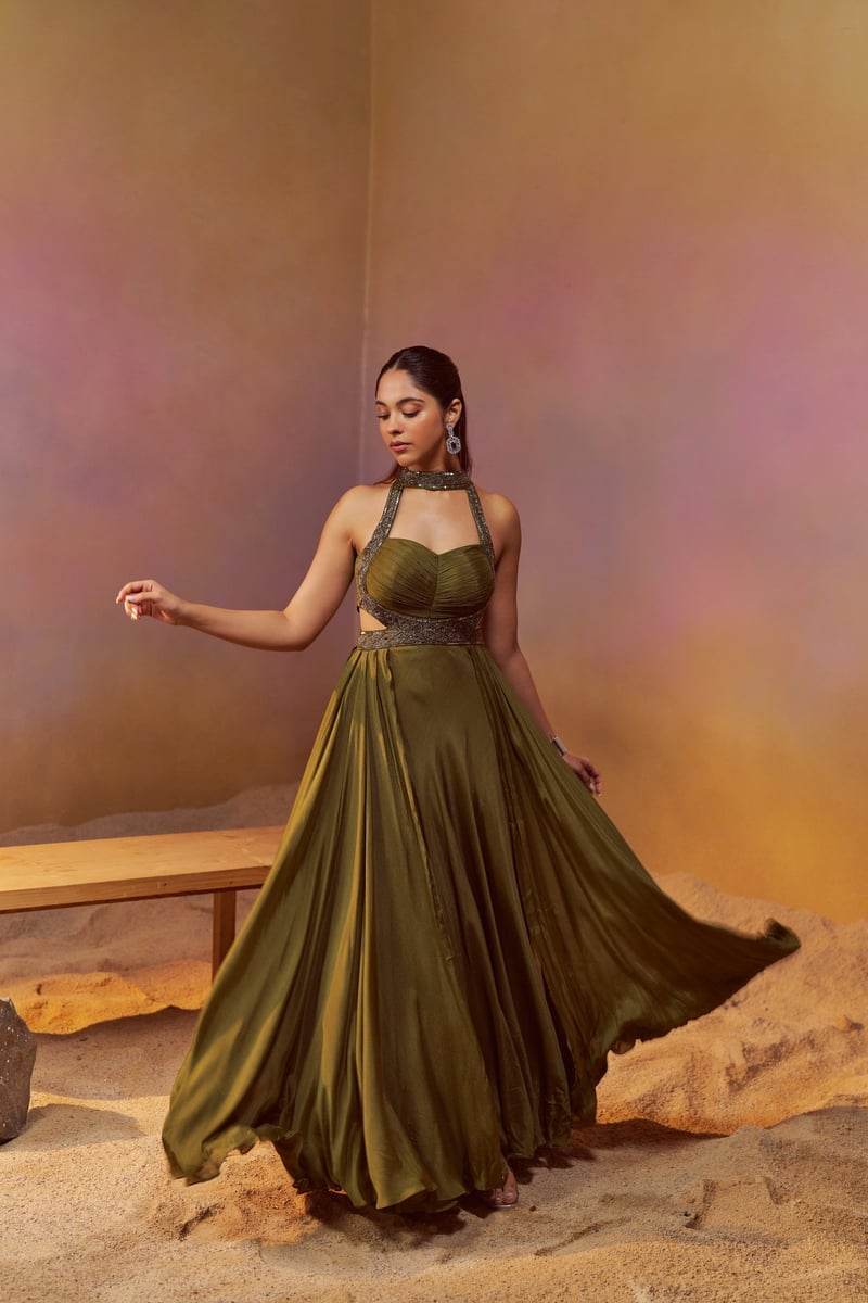 Dusty Olive Green Chiffon Halter-Neck Maxi Gown