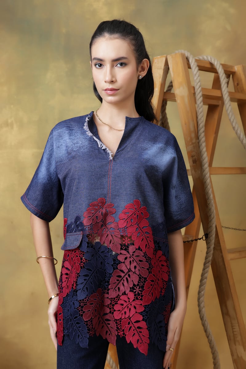 Dark Denim Oversized Top with Burgundy Lace Panel