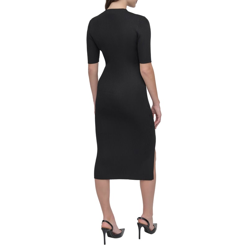 Black Rib-Knit Bodycon Midi Dress with Cut-Out Yoke