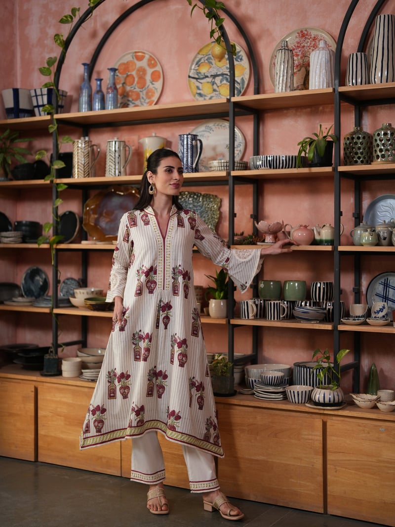 Multicolor Asymmetrical V-Neck Printed Cotton Kurta Set