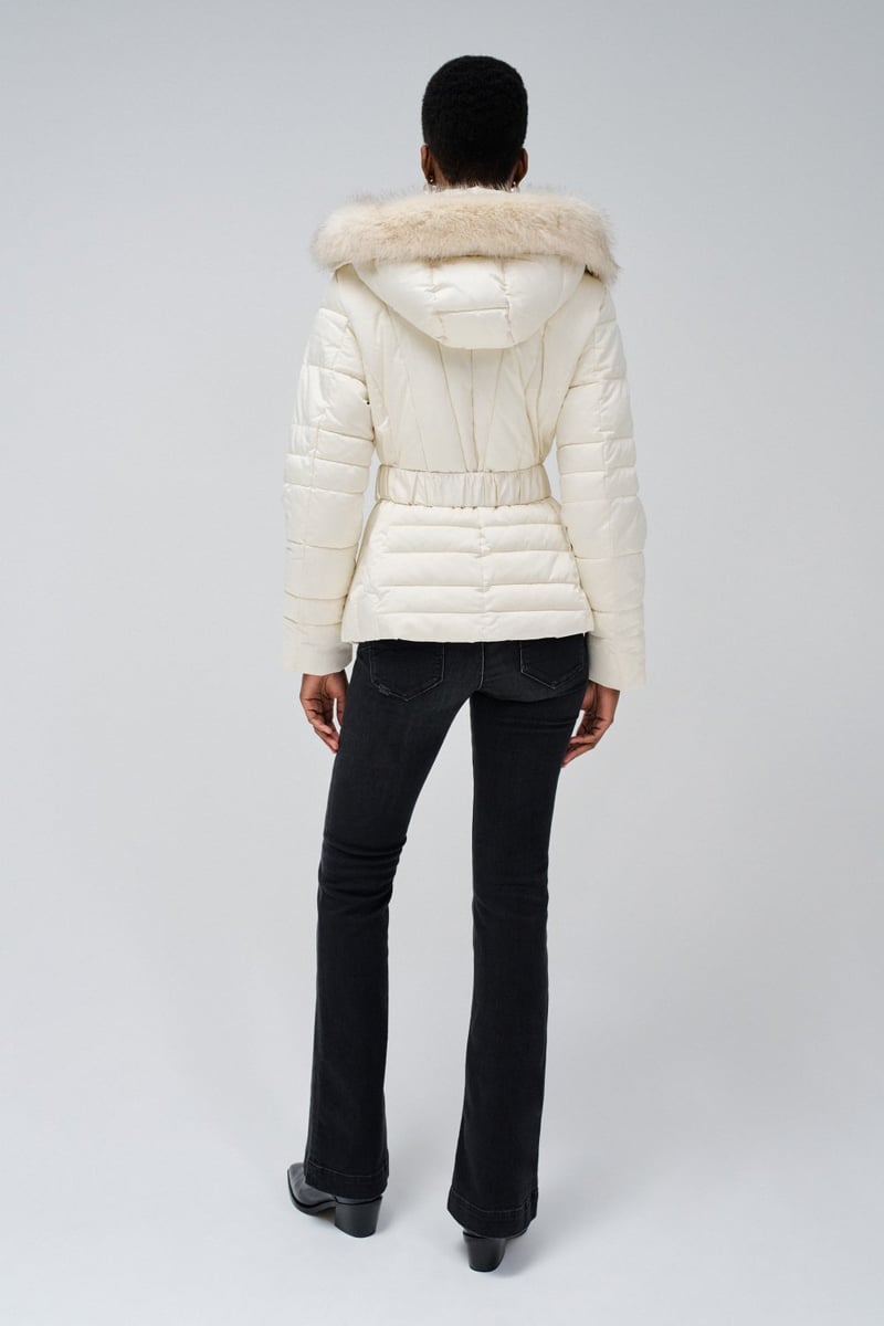 Light Beige Belted Hooded Puffer Coat with Faux Fur Trim