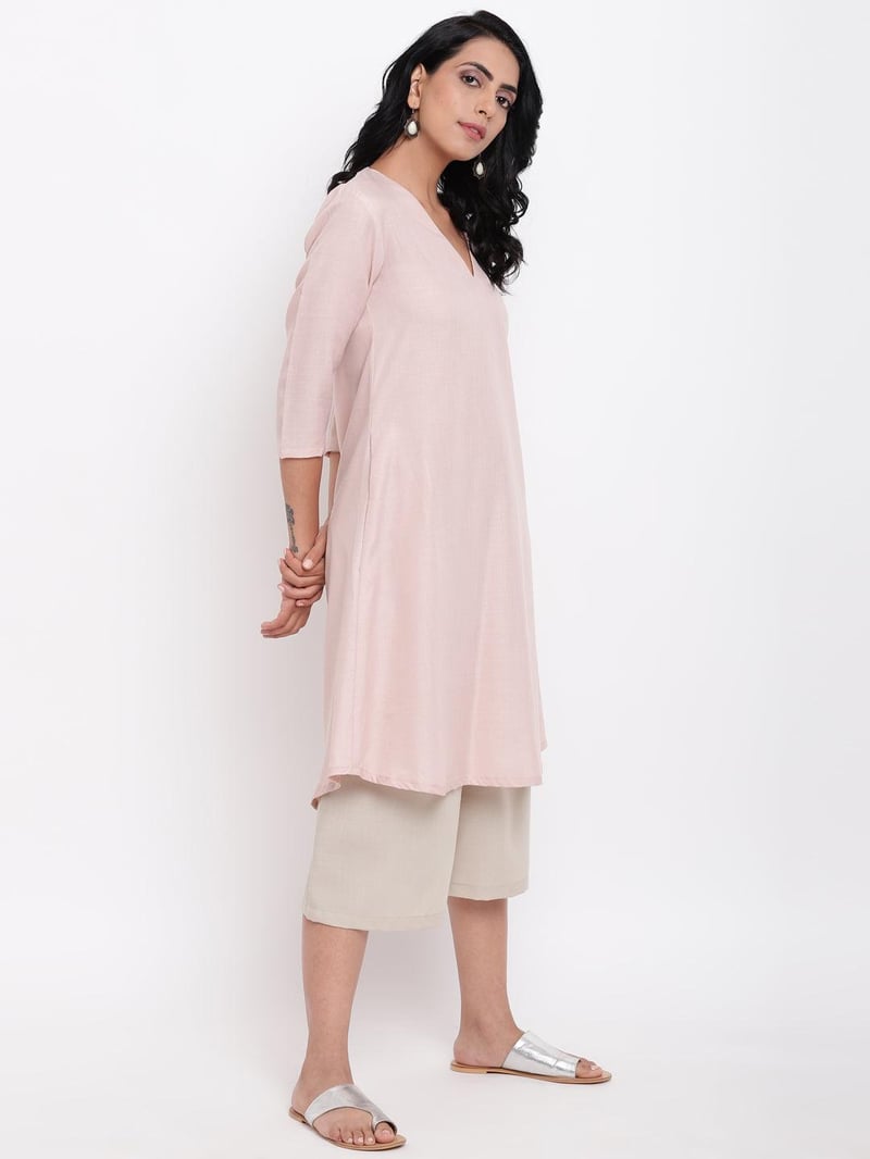 Pink V-Neck A-Line Kurta and Pant Set