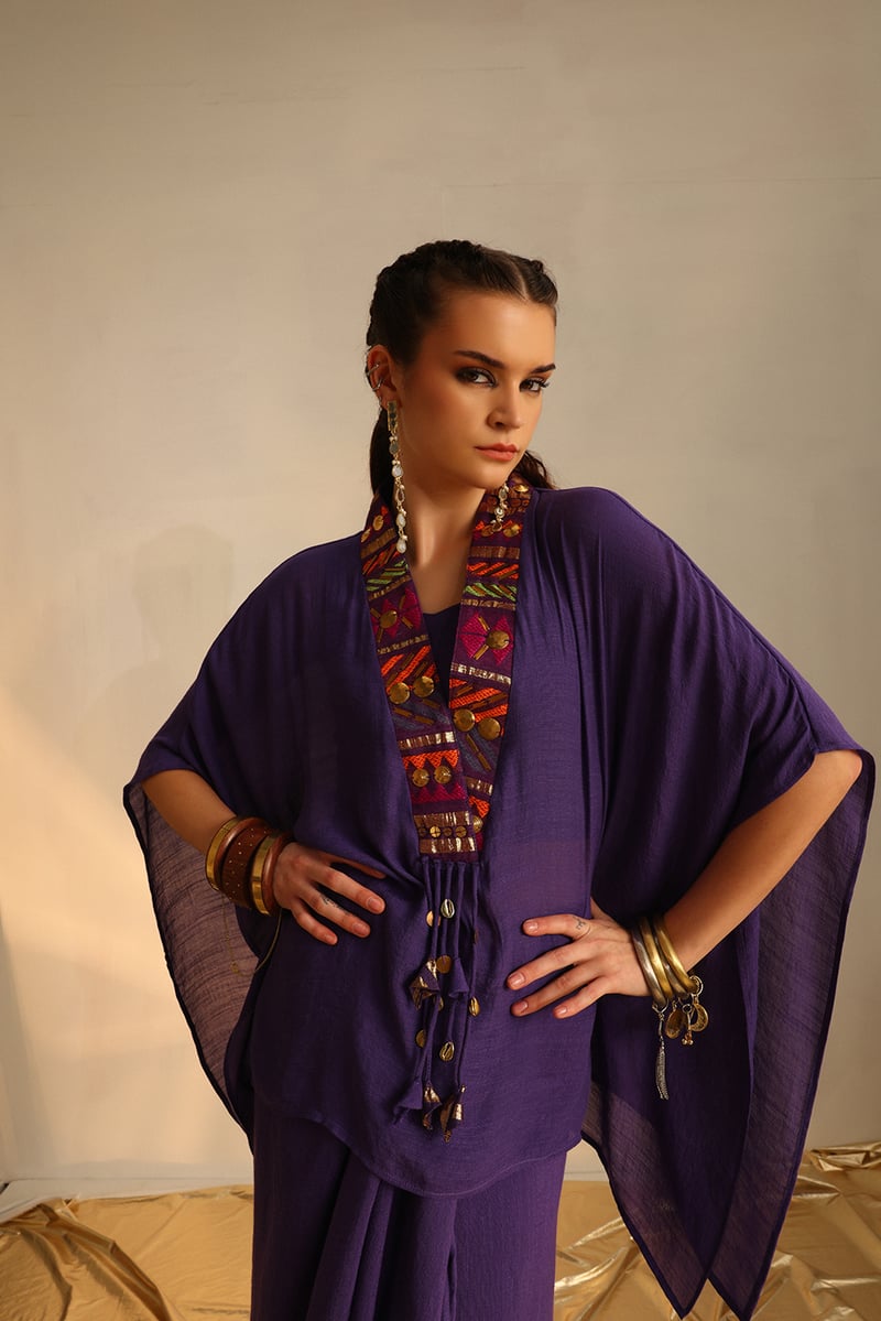 Purple V-Neck Poncho and Draped Maxi Skirt Co-ord Set