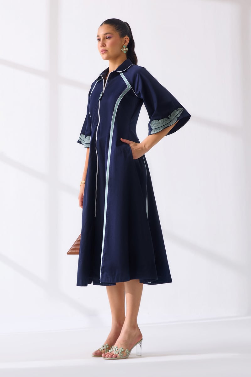 Navy Cotton Satin Zip-Front Fit and Flare Midi Dress