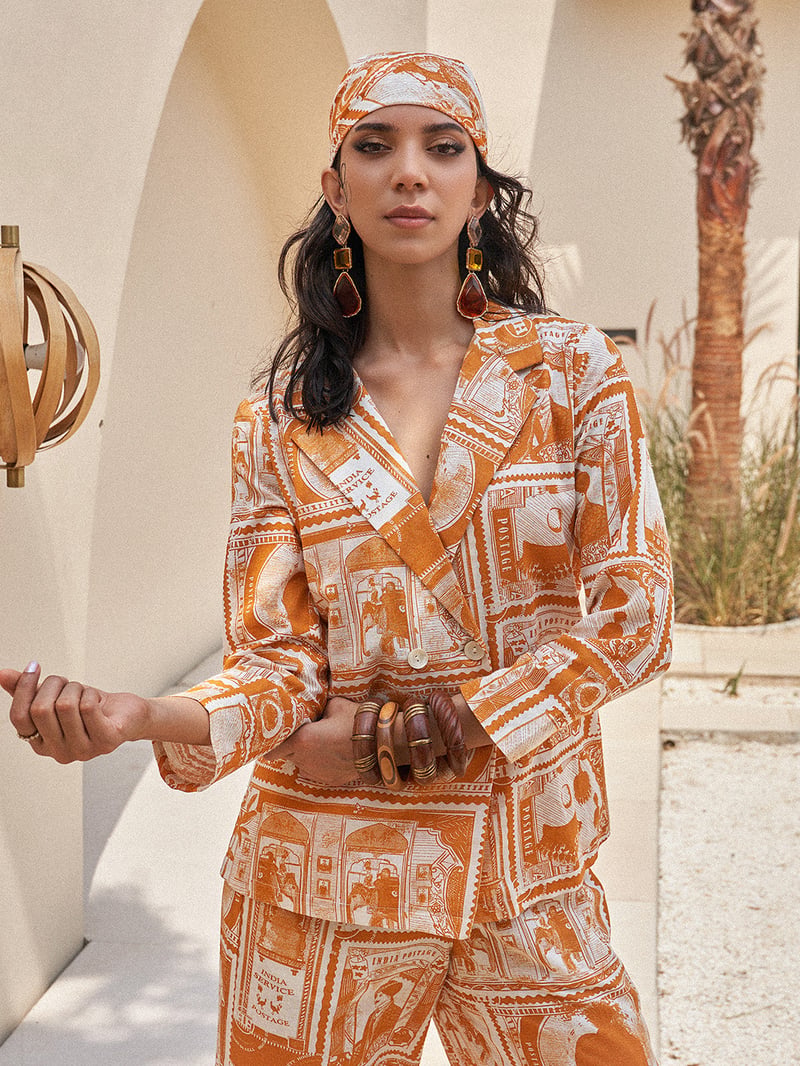 Mustard Printed Jacket and Wide-Leg Pant Co-ord Set