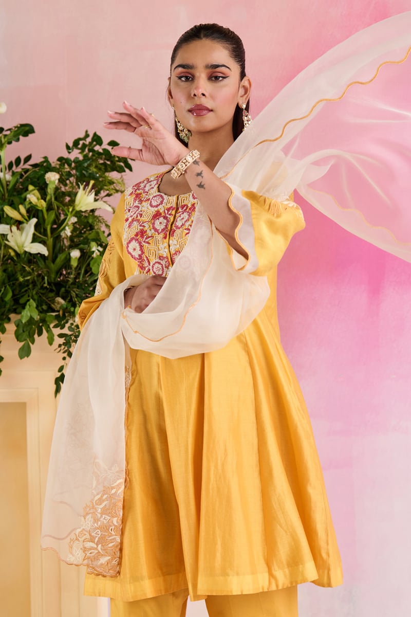 Yellow Chanderi Embroidered Yoke Kurta Set with Dupatta
