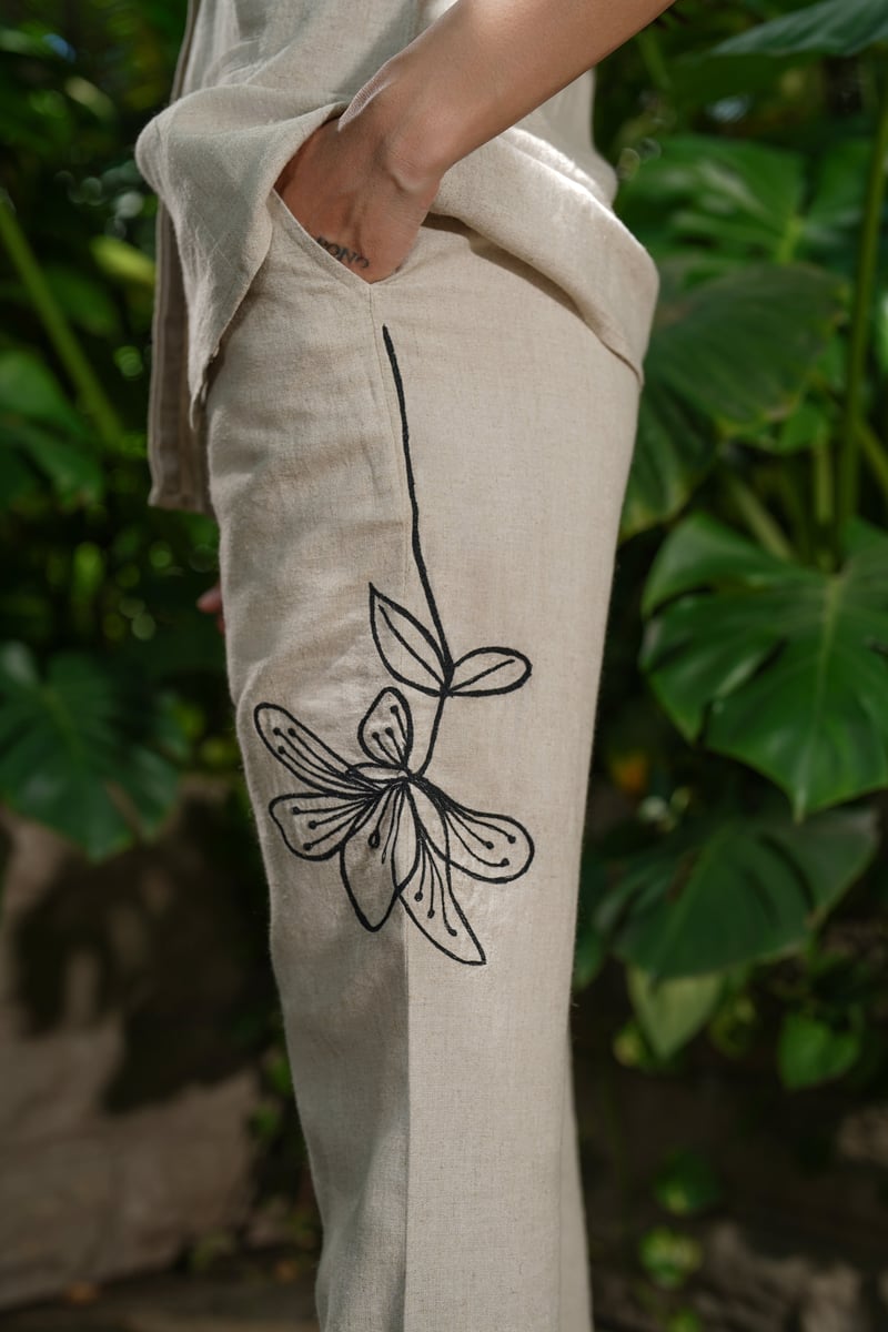 Natural Linen High-Rise Flared Trousers with Embroidery