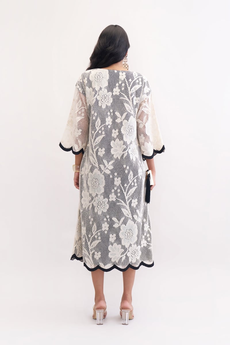 Ivory Cotton Lace Midi Kaftan Dress with Black Trim