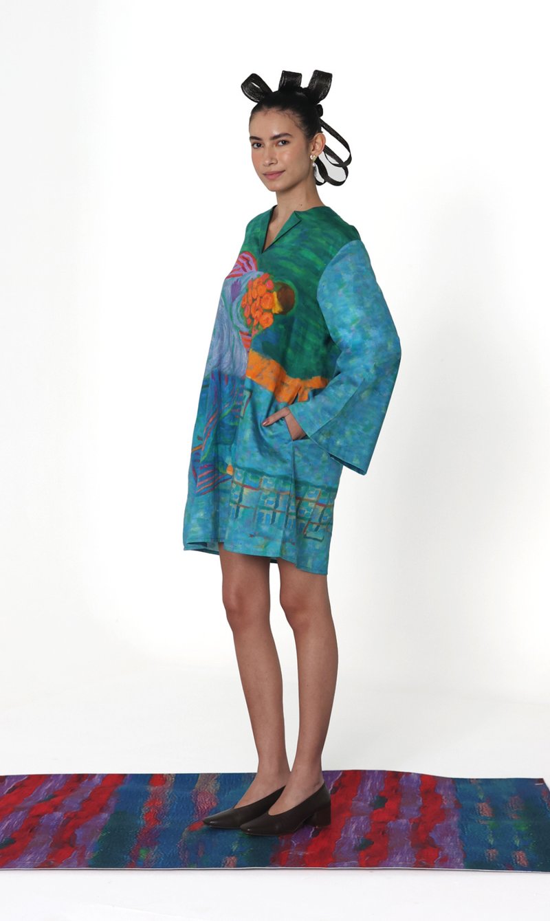 Green/Blue Cotton Satin Art Print A-Line Mini Dress