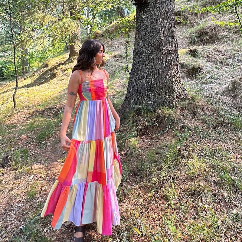 Multicolor Colorblocked Tiered Maxi Dress with Square Neck
