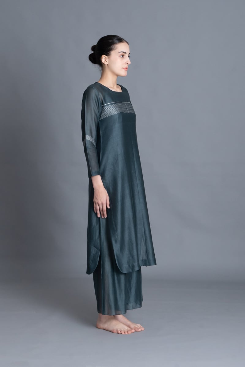 Mint Chanderi Silk Embroidered Straight Kurta Set (3 Pc)