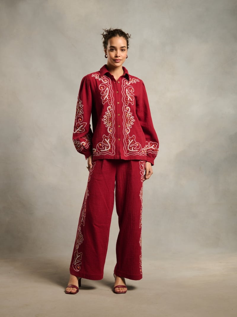 Maroon Embroidered Cotton Button-Down Shirt