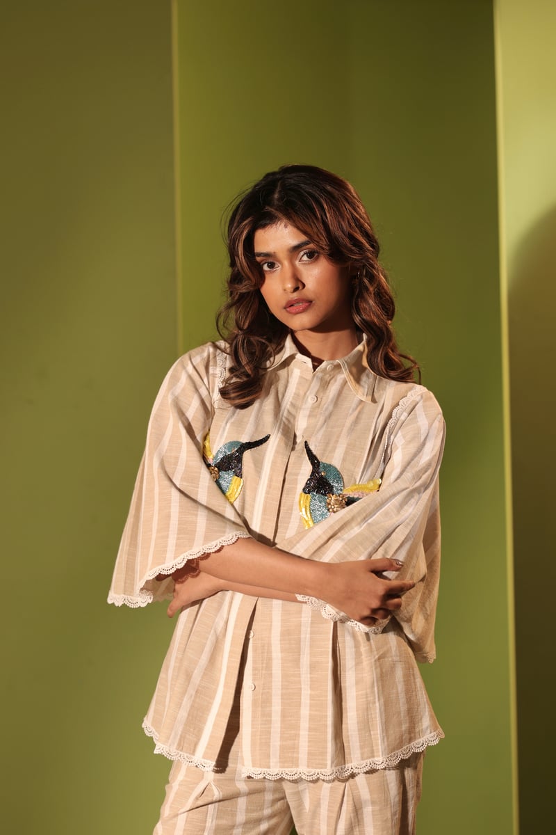 Beige and White Striped Cotton Straight-Leg Trousers