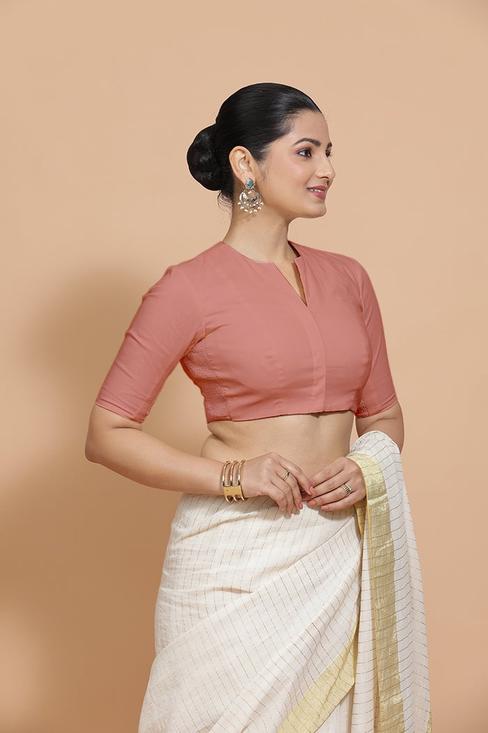 Soft Peach Cotton Round Neck Elbow Sleeve Saree Blouse