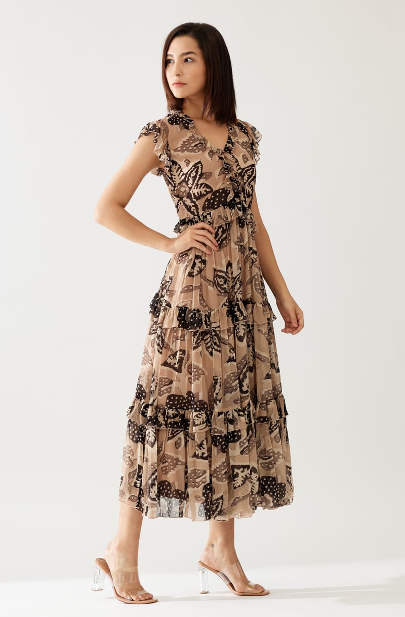 Cream And Dark Brown Floral Midi Dress