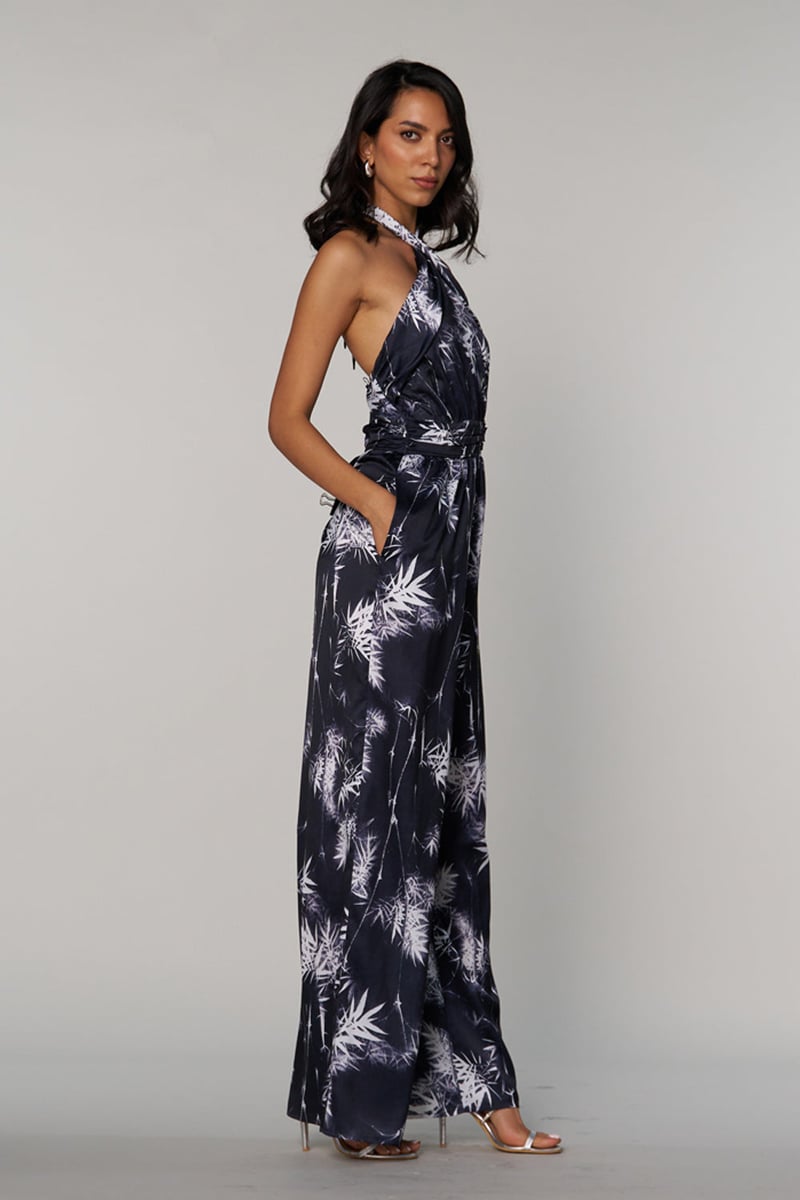 Black Satin Halter Neck Bamboo Print Wide-Leg Jumpsuit