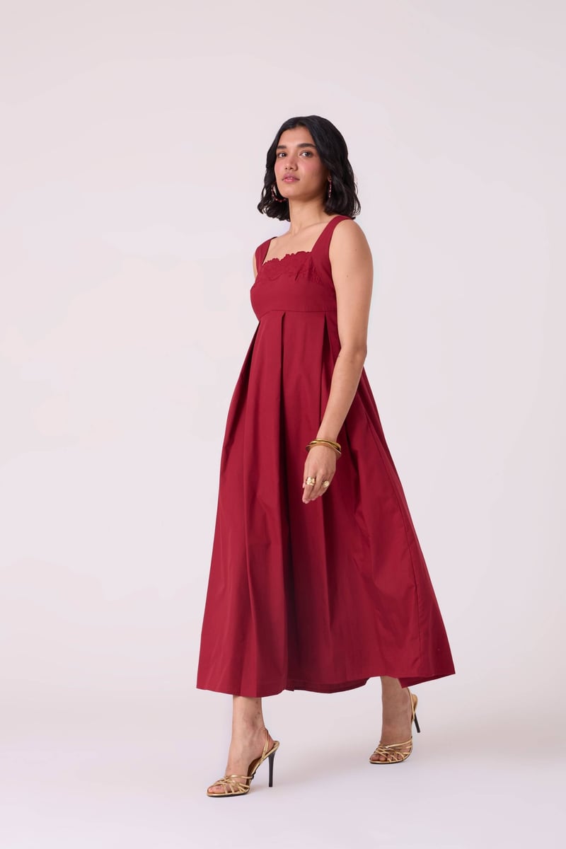 Wine Red Embroidered Neckline Fit and Flare Midi Dress