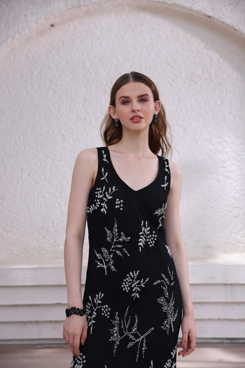 Black Hand-Beaded Bias-Cut Midi Slip Dress