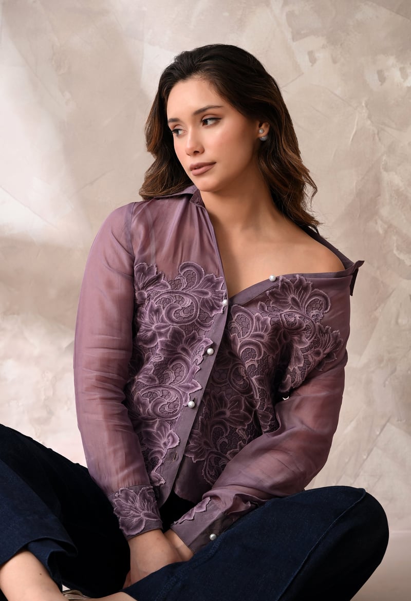 Mauve Sheer Button-Down Shirt with Tonal Floral Appliqué