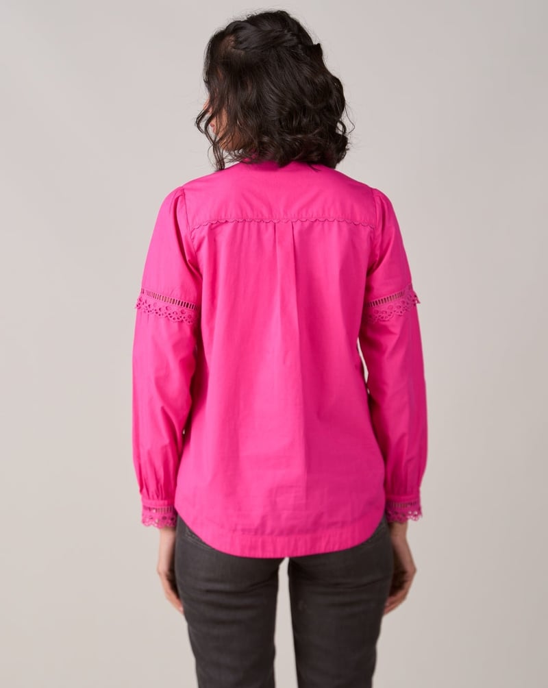 Pink Poplin Shirt Top with Lace Inserts and Mandarin Collar