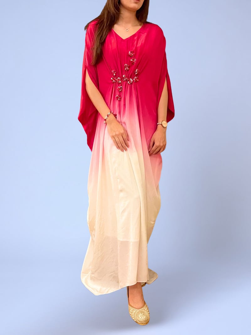Fuschia Ombre Kaftan Maxi Dress with 3D Floral Embroidery