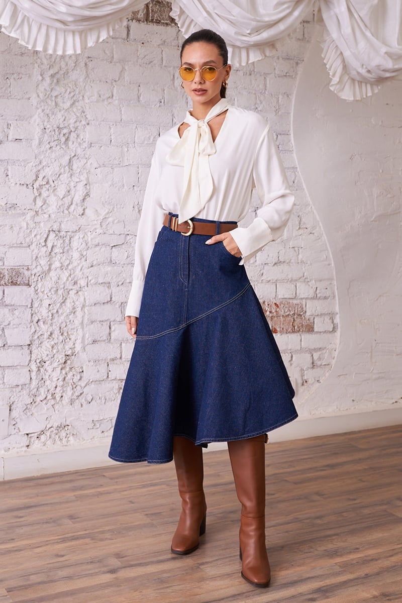 Dark Blue Denim A-Line Midi Skirt with Diagonal Ruffle Hem