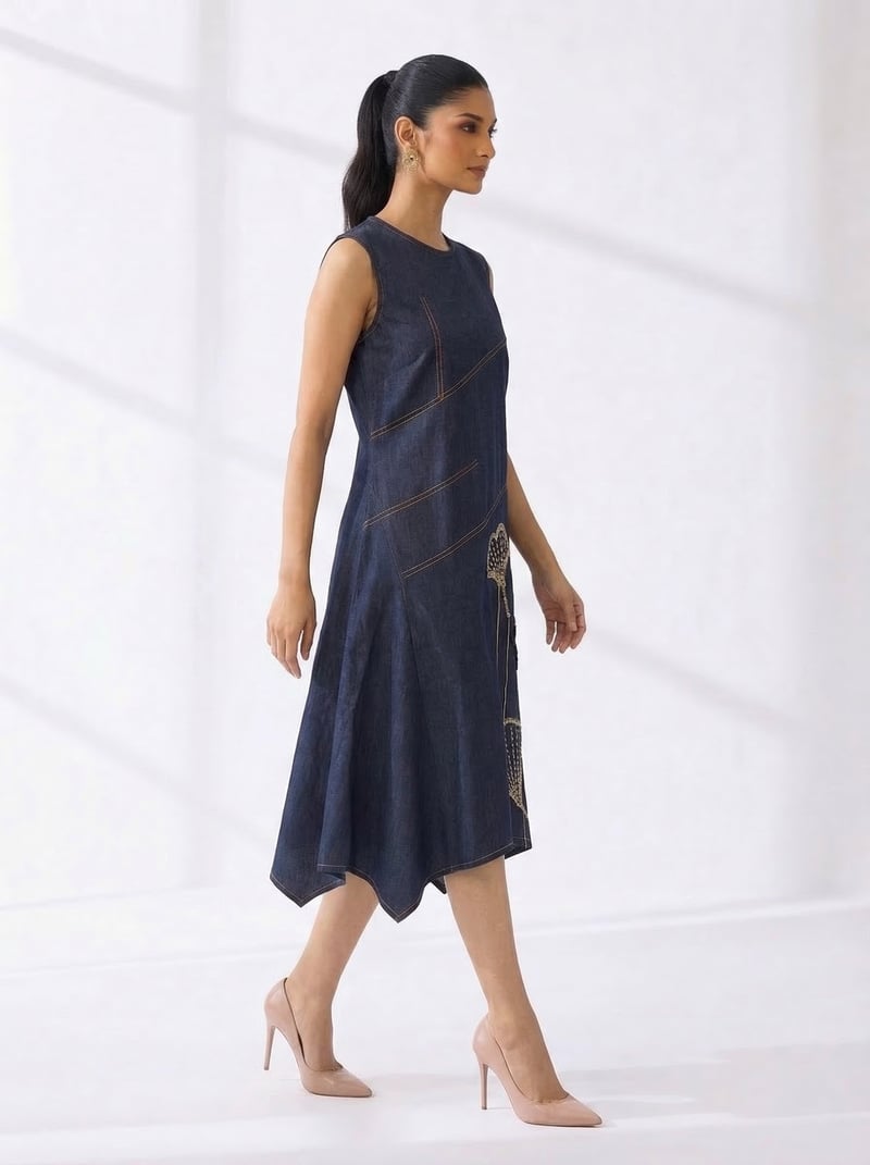 Denim Blue Sleeveless A-Line Midi Dress