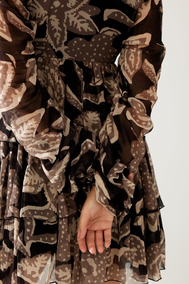 Dark Brown And Cream Floral Short Dress