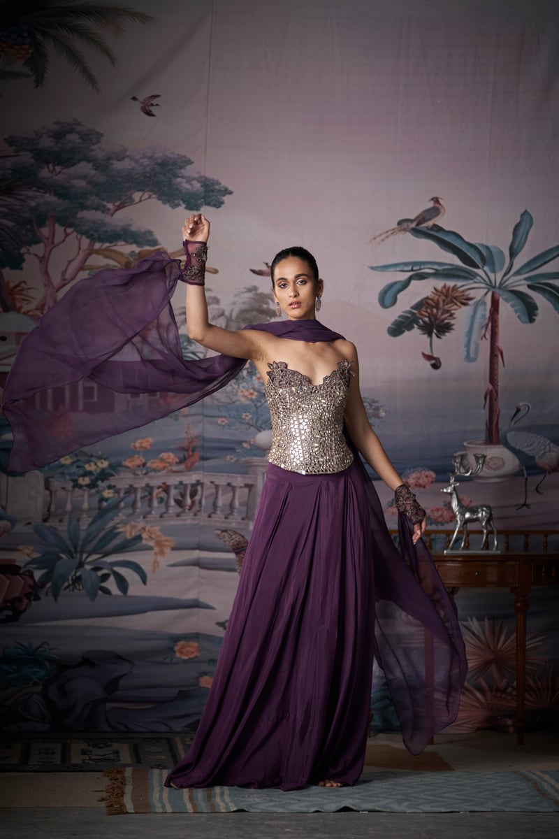 Purple Mirror-Work Corset Lehenga Set with Dupatta