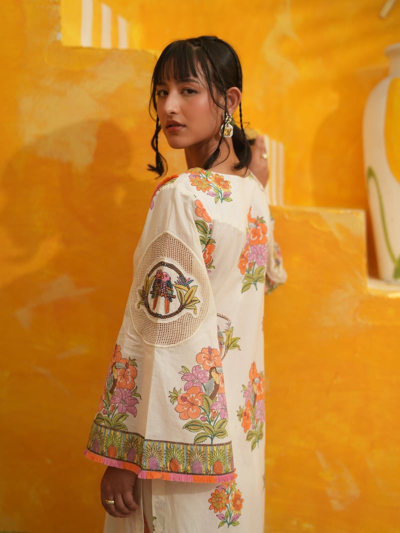 Off-White Tropical Print Kurta Set with Bell Sleeves