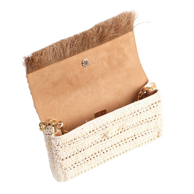 Jena Off White Slim Raffia Clutch With Gold Emblem