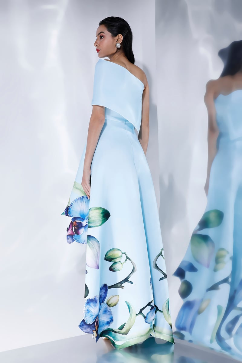 Light Blue Off-Shoulder High-Low Floral Print Maxi Dress