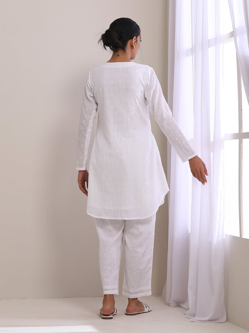 White Cotton Dobby Kurta and Pants Co-ord Set