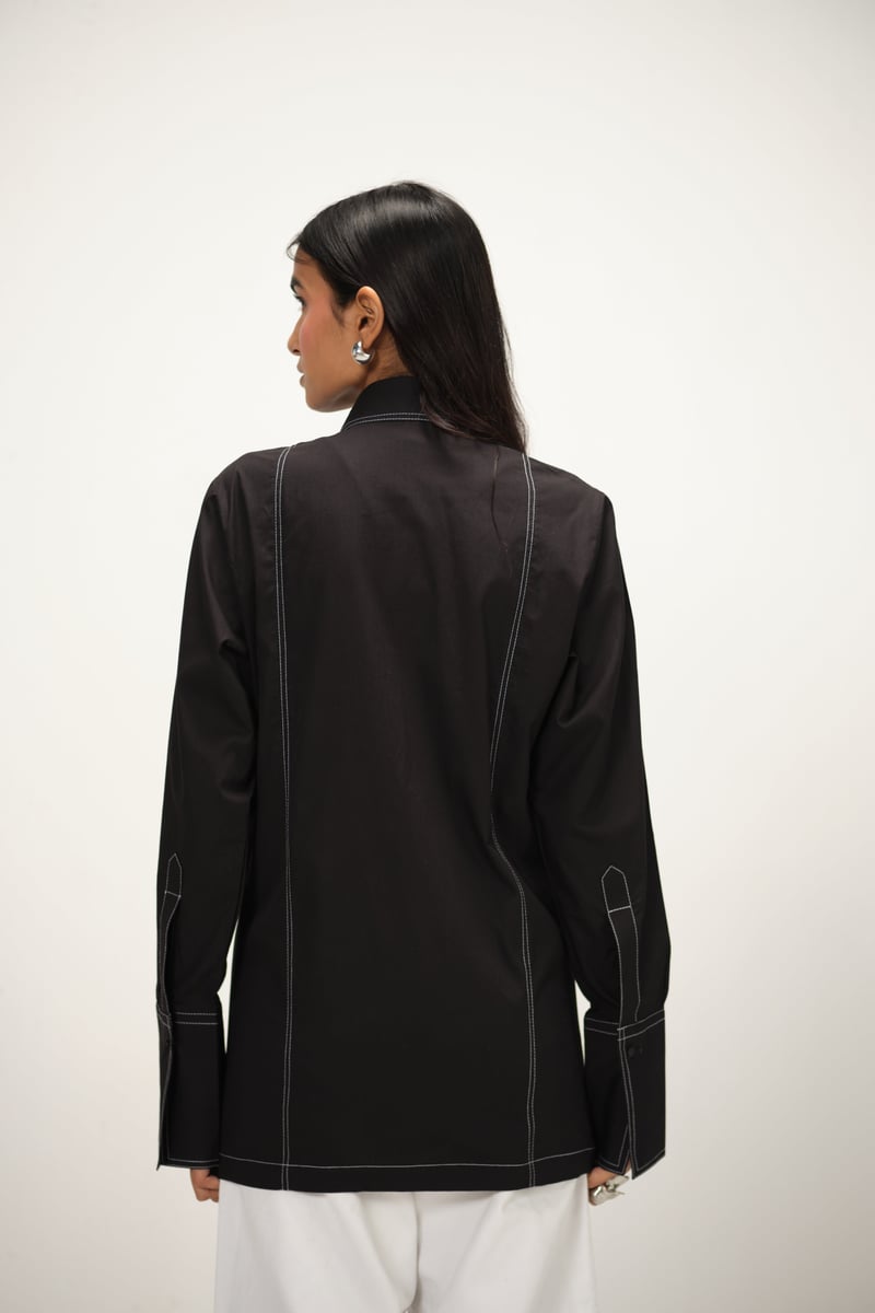 Black Poplin Longline Shirt with Contrast Topstitch