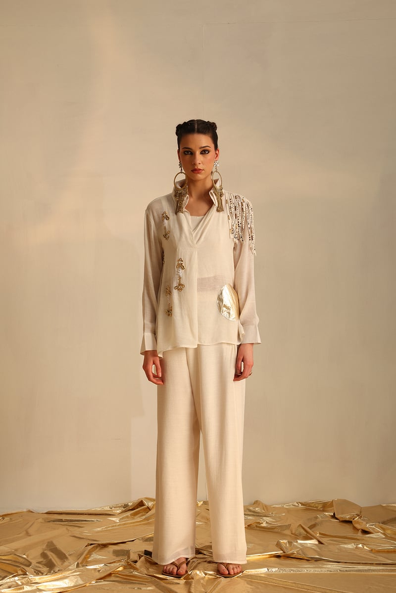 Off White Embellished Shirt and Palazzo Co-ord Set — EnEch