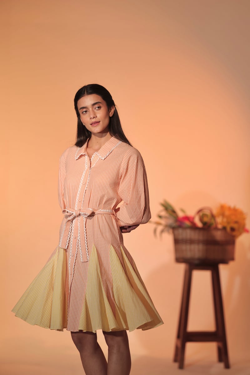 Pastel Checked Belted Shirt Dress with Lace Trim