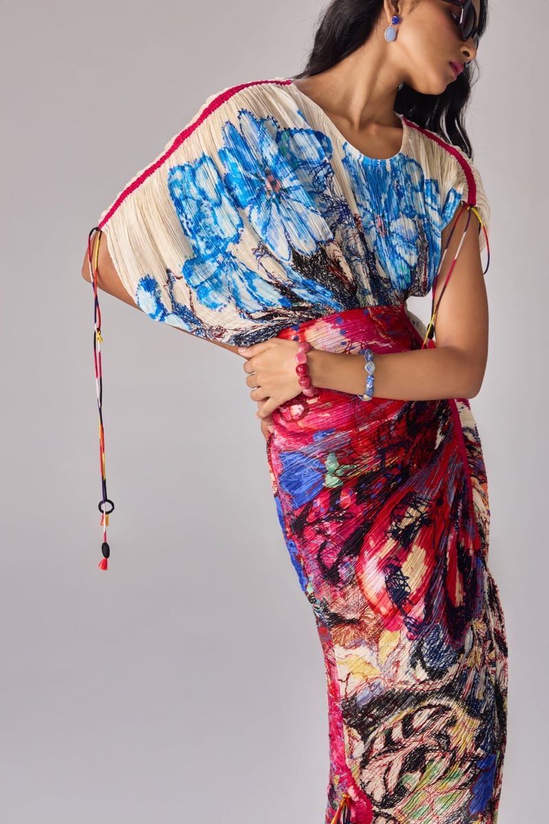 Multi-Color Abstract Floral Micro-Pleated Kaftan Midi Dress