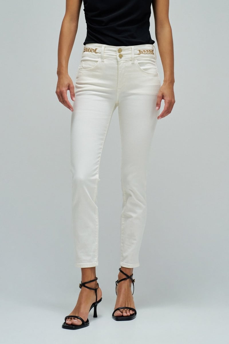 Light Beige Cropped Skinny Jeans with Waist Chain Detail