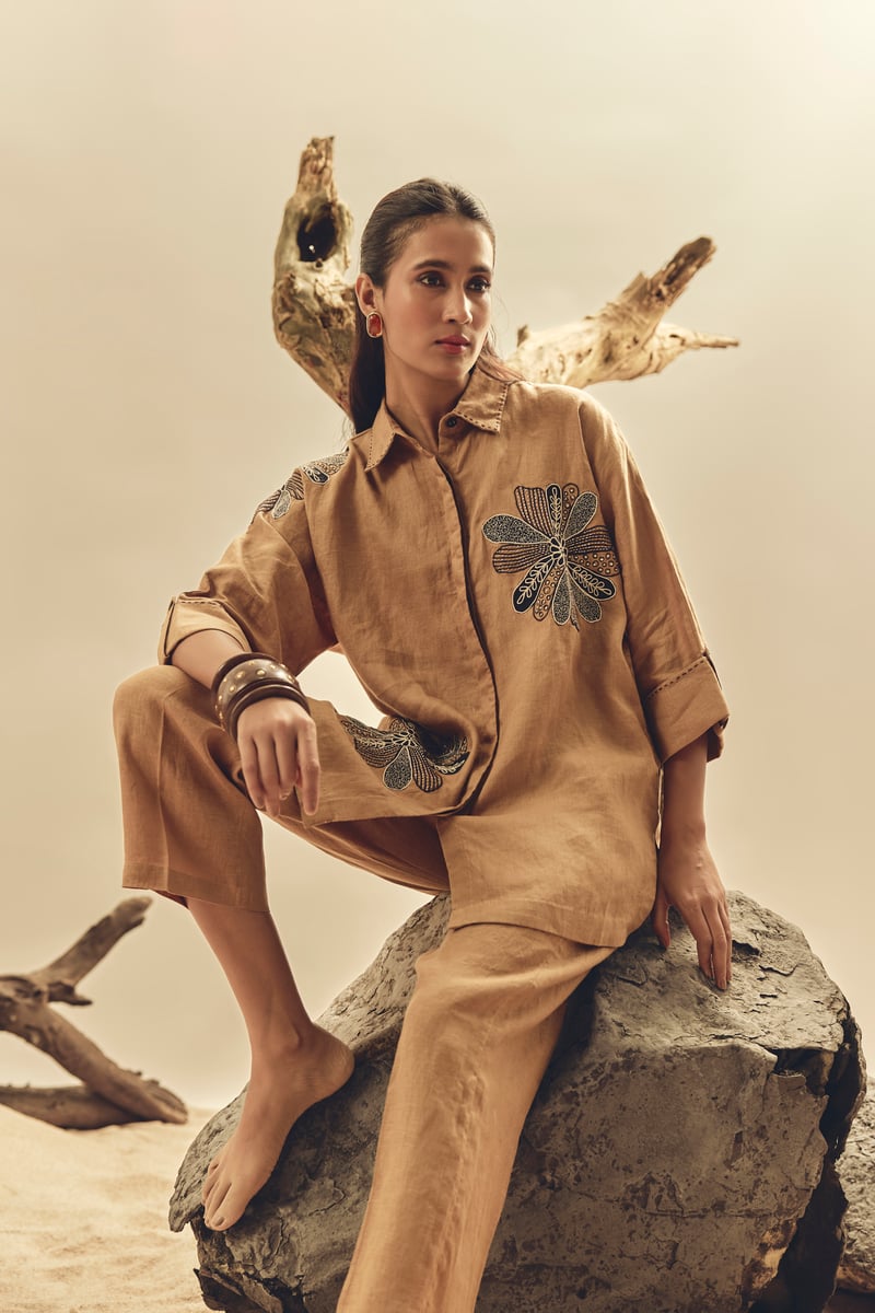 Camel Linen Embroidered Longline Shirt